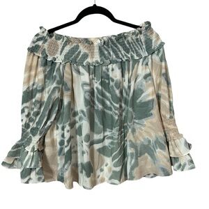 Entro Off-The-Shoulder Blouse, Bell Sleeves, Multi Color Sage/Tan/Cream, Small